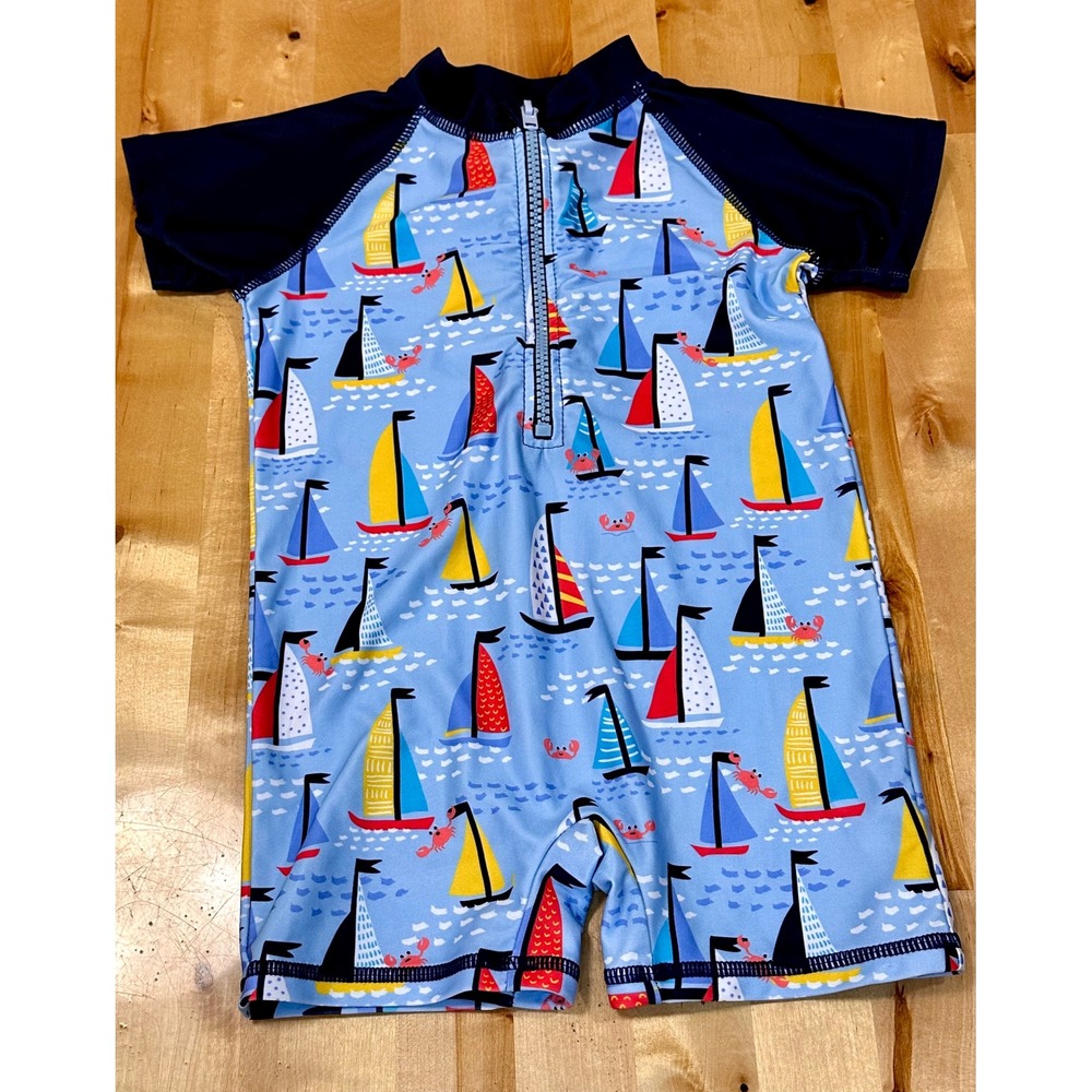 Andy & Evan Rash Guard Swimsuit Toddler 24M Blue Sailboat Excellent Nautical Zip